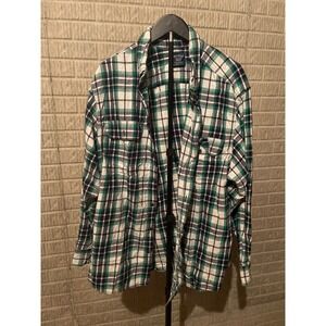 Faded Glory Plaid Flannel Shirt Men's 2XL Green Navy White Long Sleeve Button Up